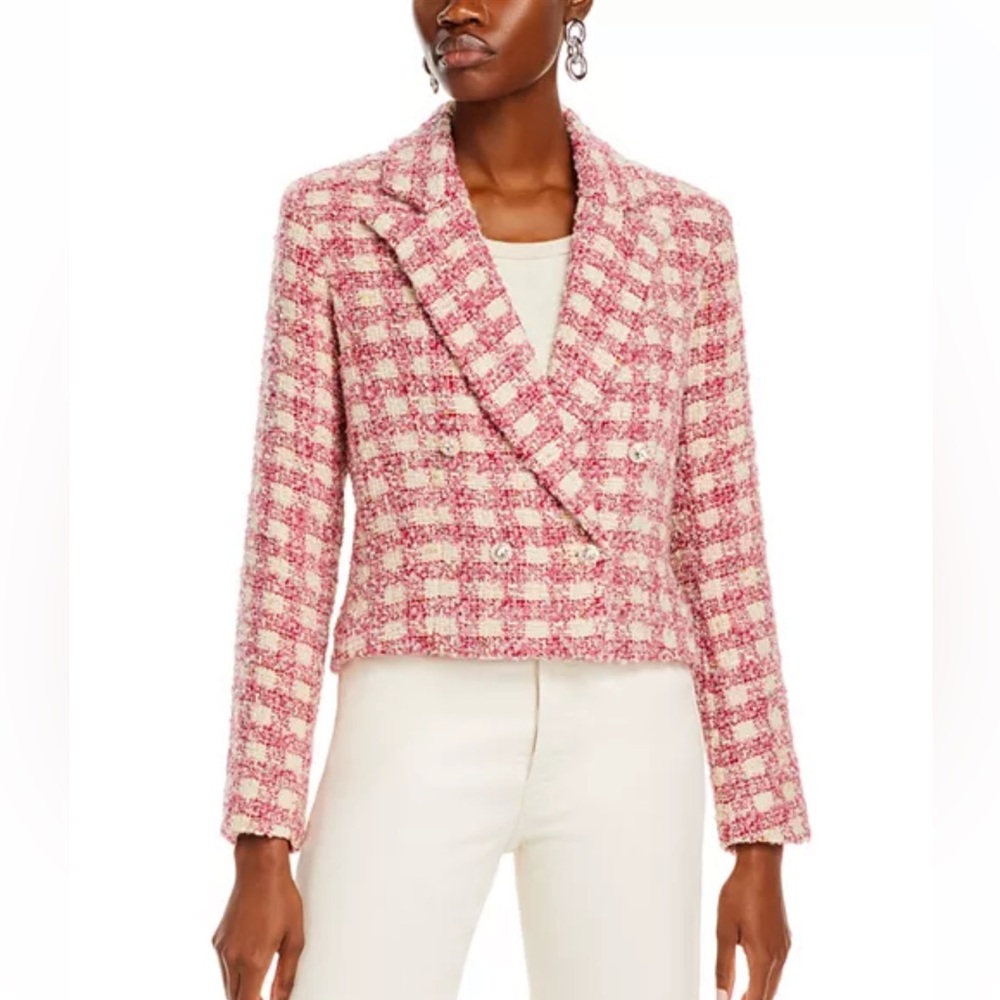 AQUA x Kerri Rosenthal pink Tweed Heart Elbow Patch cropped Blazer M
